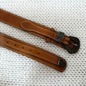 First Issue Vintage Tan Leather Western Silver Buckle Boho Wrap Slim Belt Large